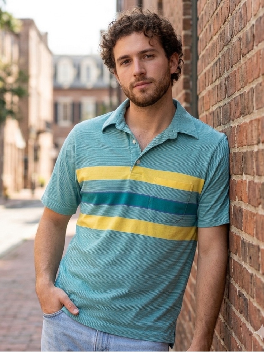 Vtg 70s Striped Polo Shirt Short Sleeve Green Knit Pocket Mens M Surf *Flaw
